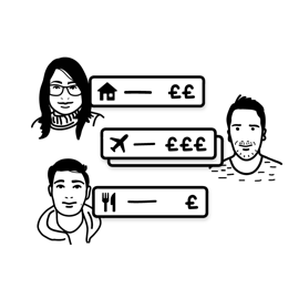 A line drawing of three friends adding expenses to a group